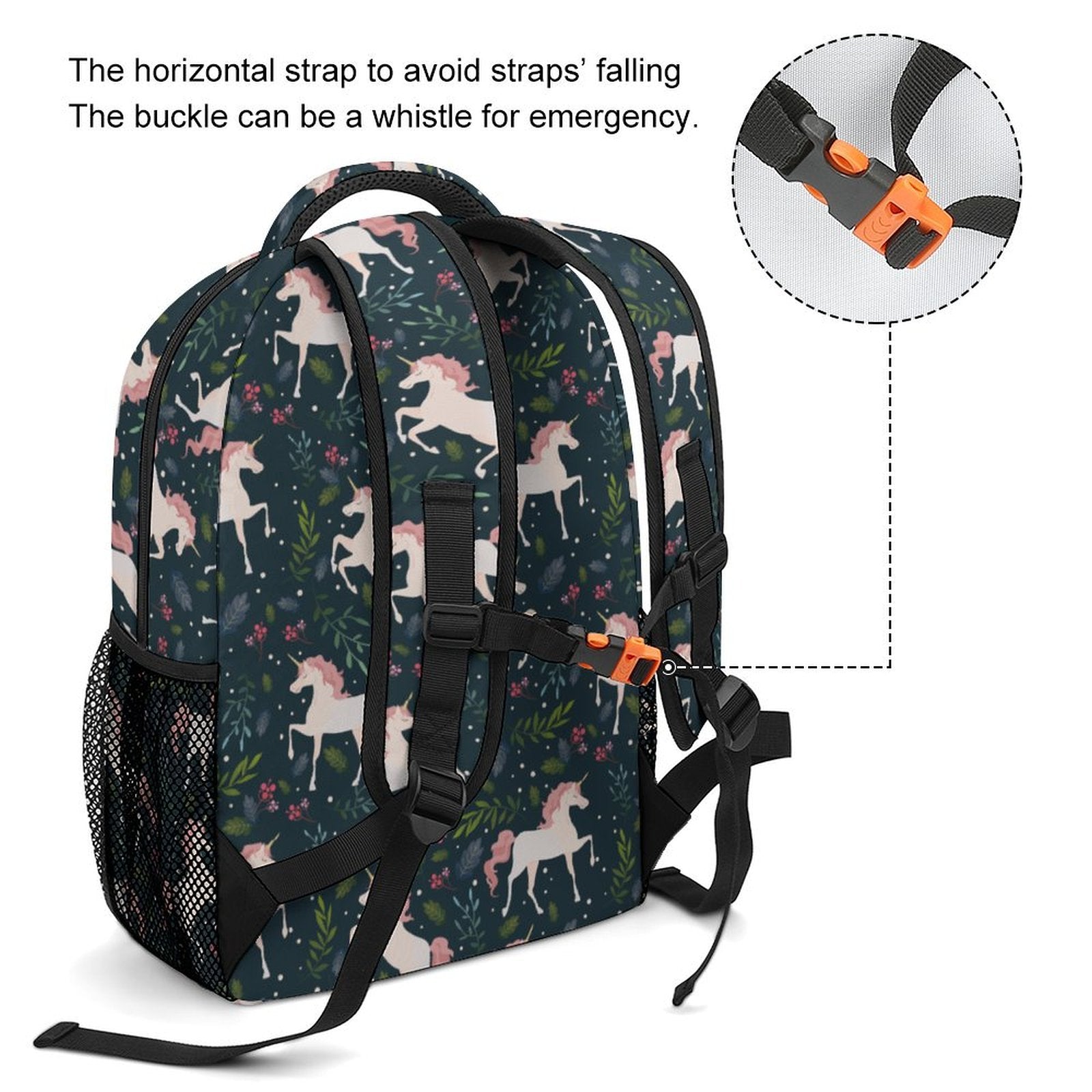 Children's School Bag with safety whistle and chest strap for security.