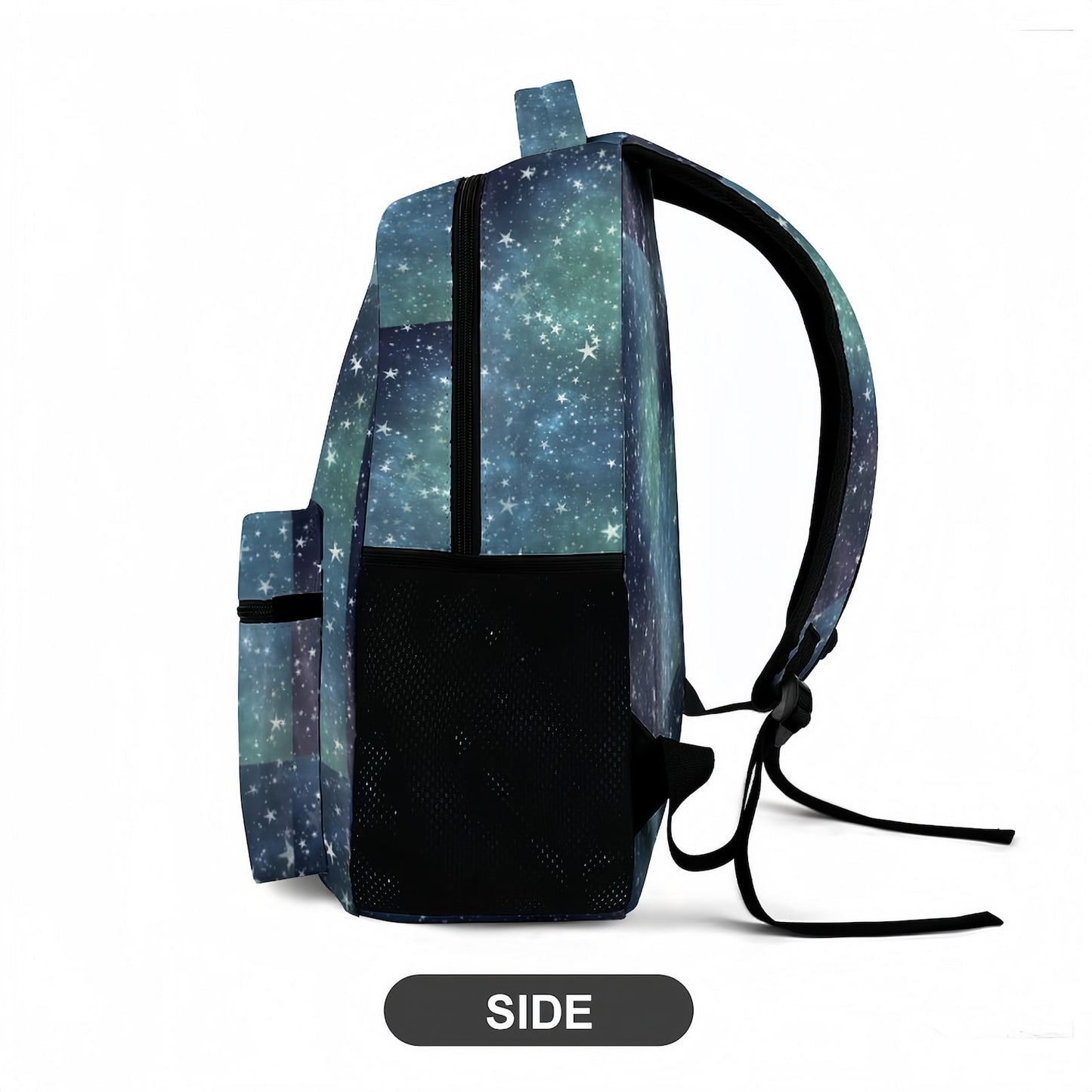 Side view of the Unisex Travel Daypack, showing mesh water bottle pocket.