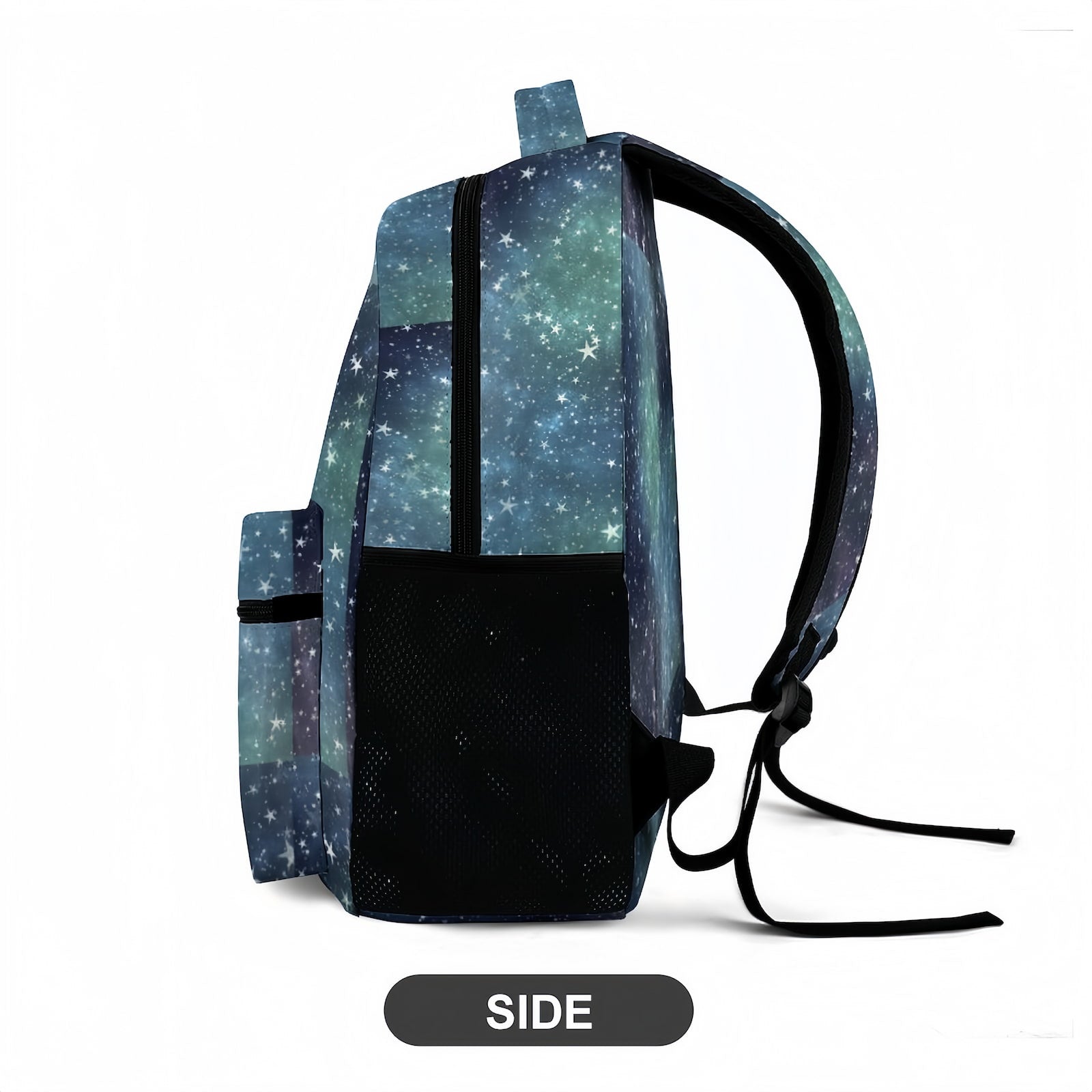 Side view of the Unisex Travel Daypack, showing mesh water bottle pocket.