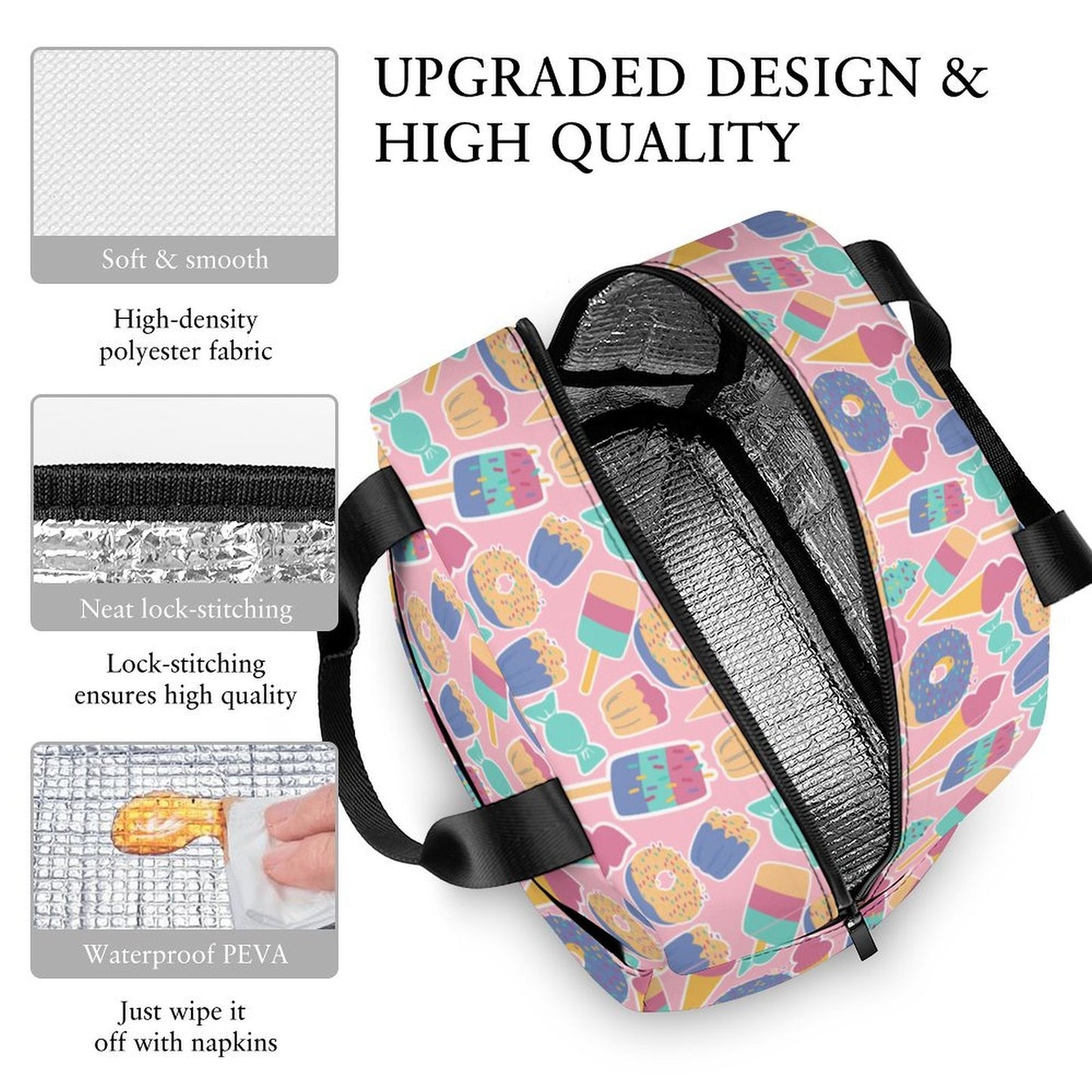 Upgraded Design Insulated Lunch Bag features: Waterproof PEVA and smooth polyester.