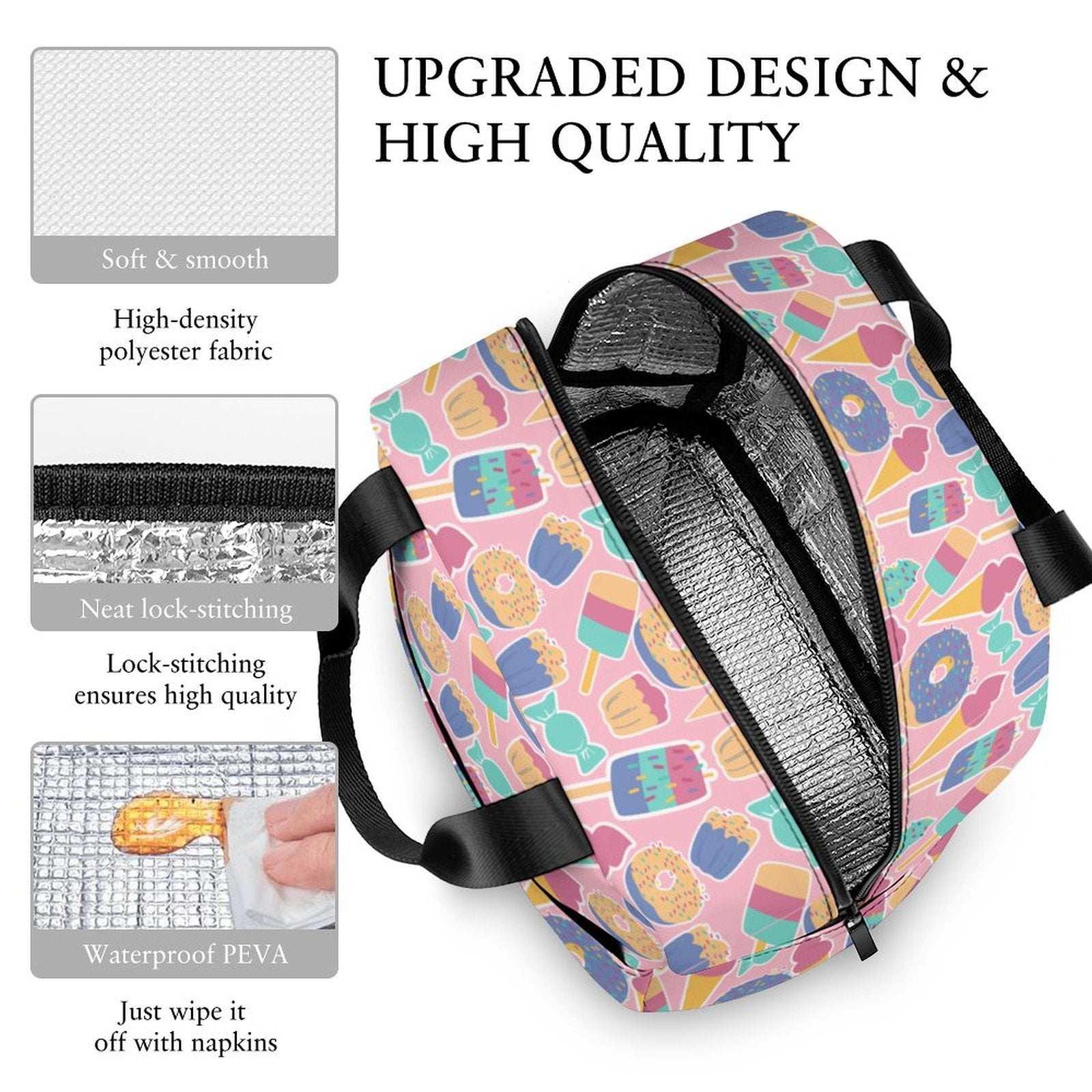 Upgraded Design Insulated Lunch Bag features: Waterproof PEVA and smooth polyester.