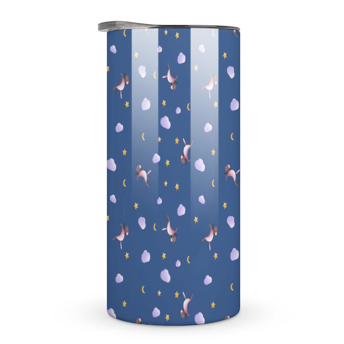 Full view of vacuum insulated stainless steel coffee mug with star print.