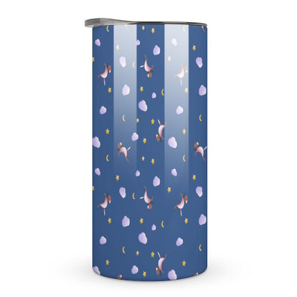 Full view of vacuum insulated stainless steel coffee mug with star print.