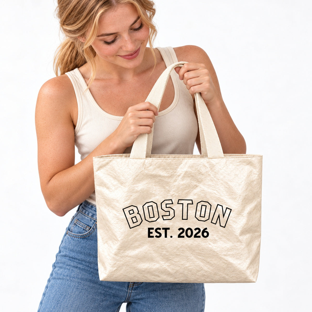 Personalized Varsity Tote Bag with Custom Name and Year - personalization detail view