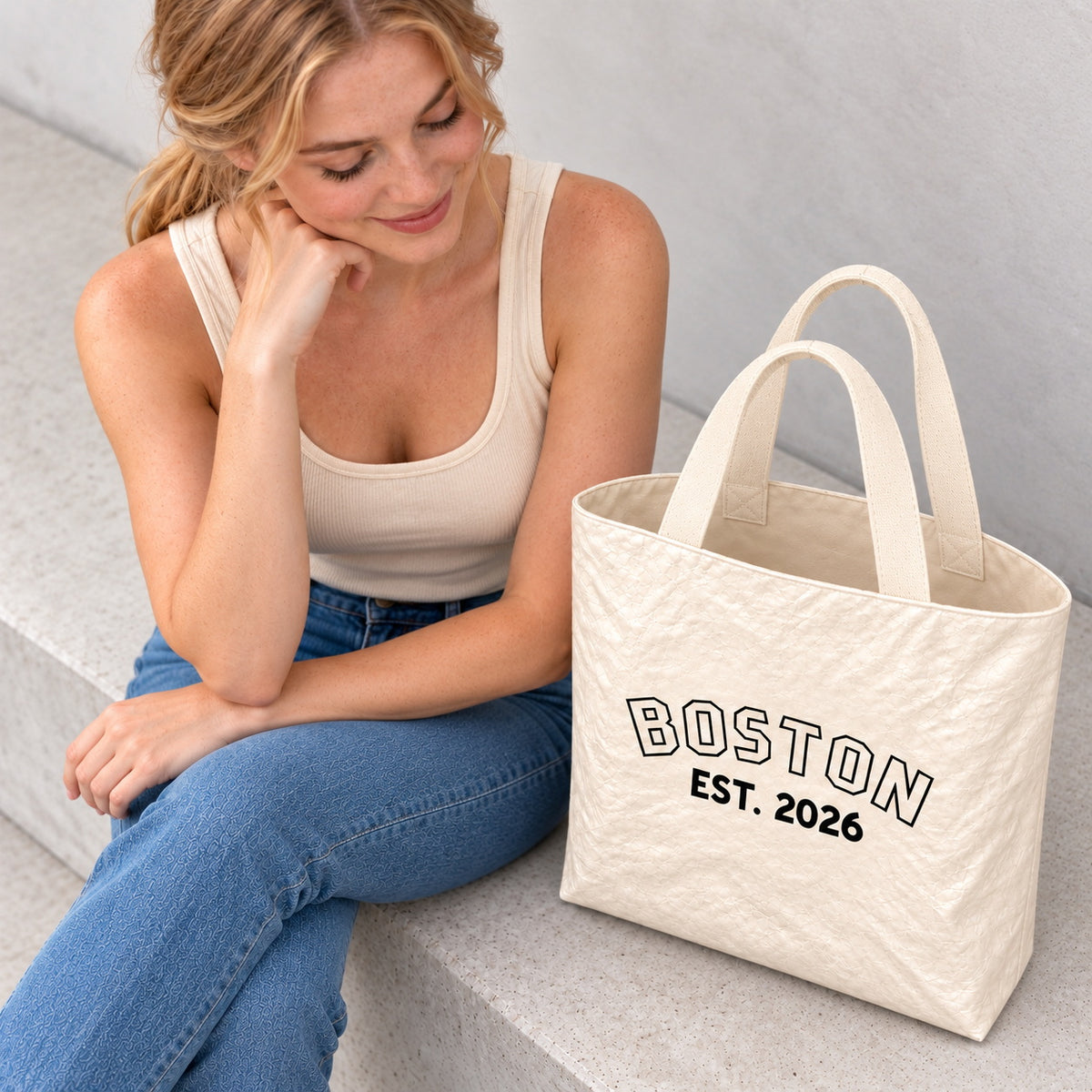 Personalized Varsity Tote Bag with Custom Name and Year - material or size detail view