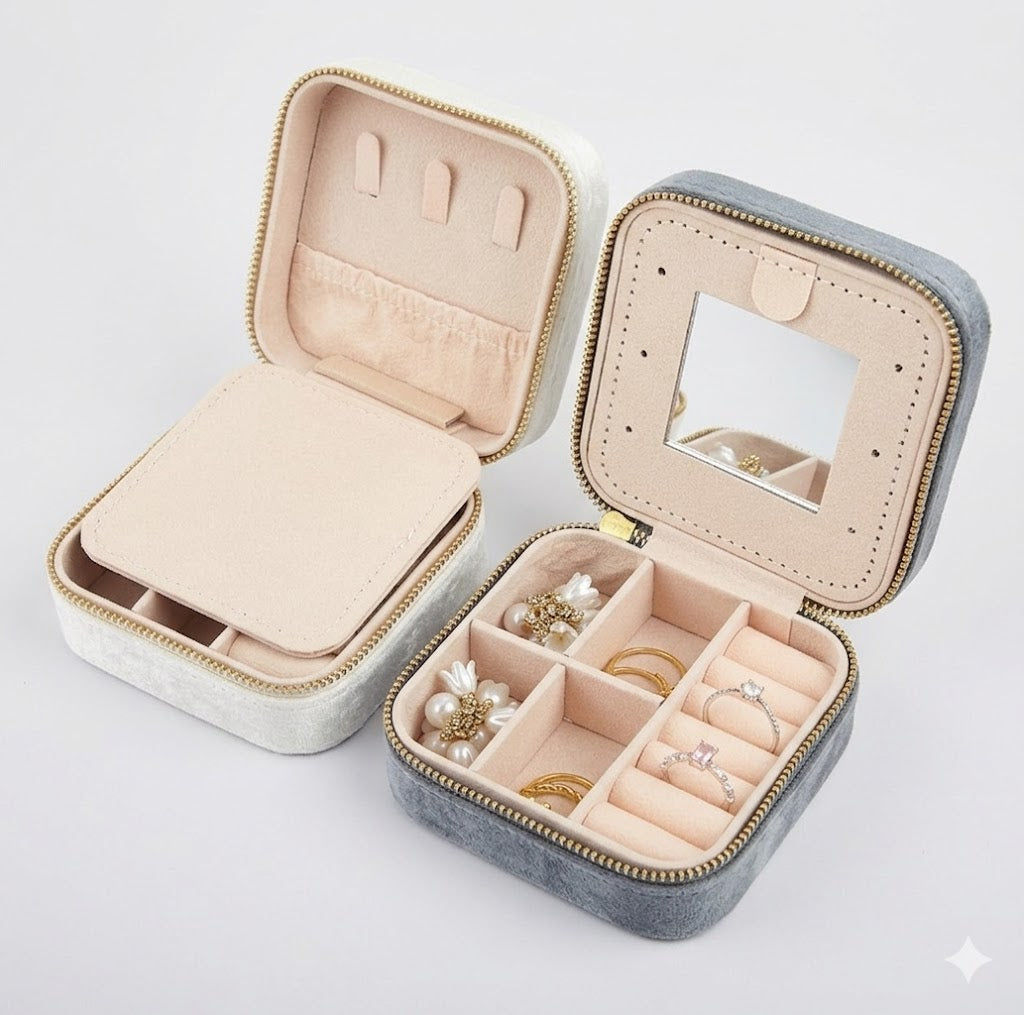 Velvet travel jewelry case internal slots and mirror