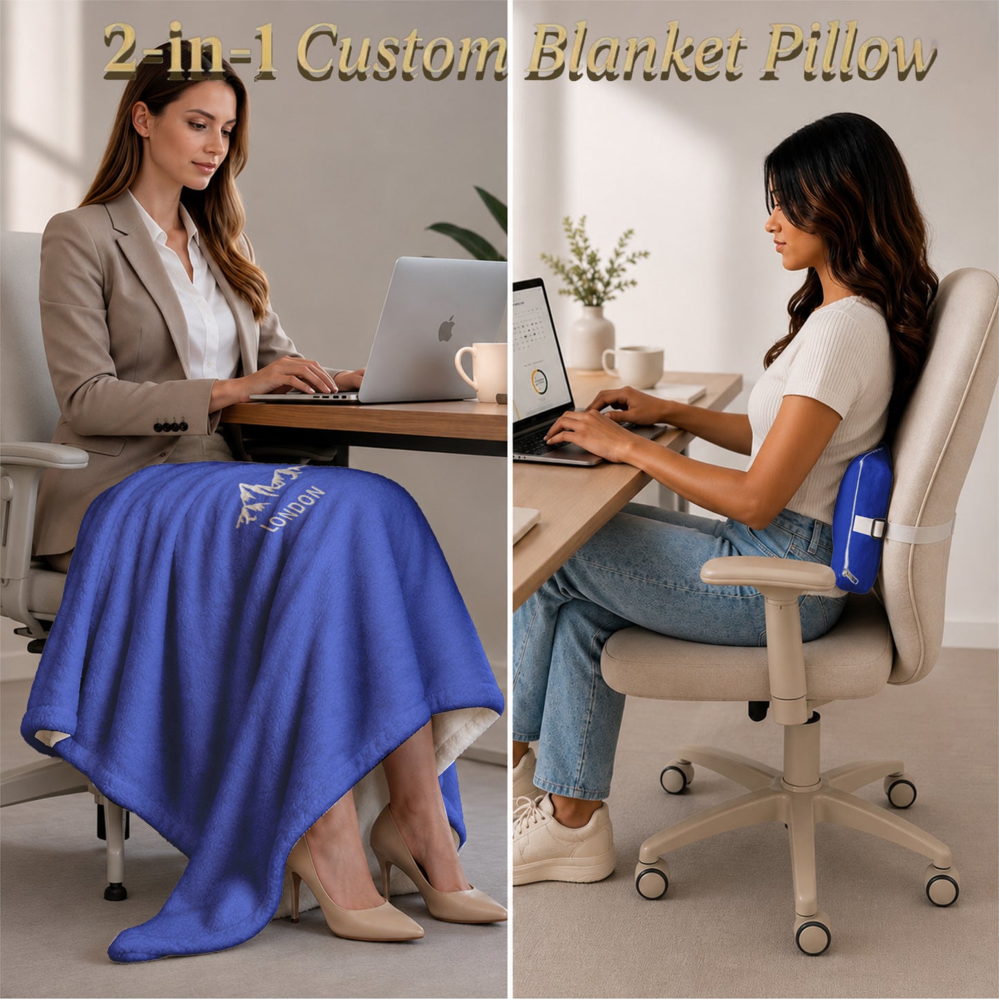 Custom blanket used as a lap cover and lumbar pillow.