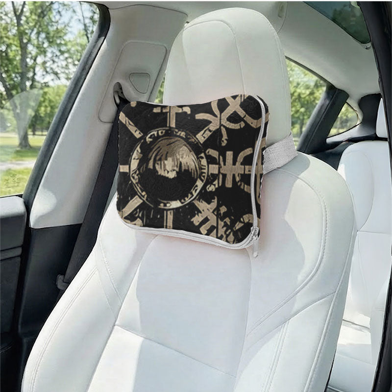 Viking compass travel pillow as a car headrest.