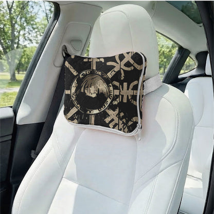 Viking compass travel pillow as a car headrest.