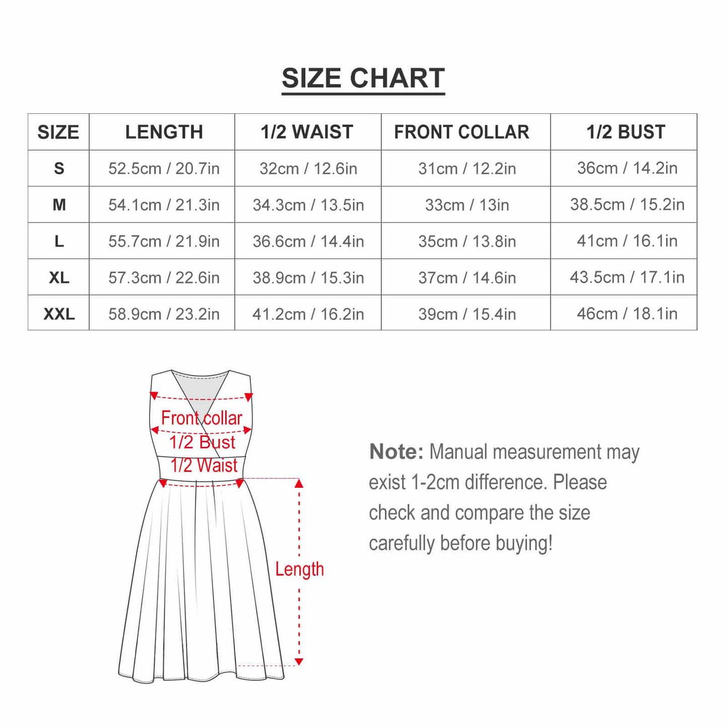 Size Chart for Women V Neck Sundress (S-XXL), includes length and bust measurements.