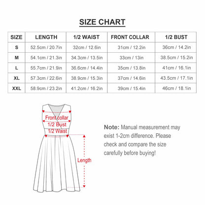 Size Chart for Women V Neck Sundress (S-XXL), includes length and bust measurements.