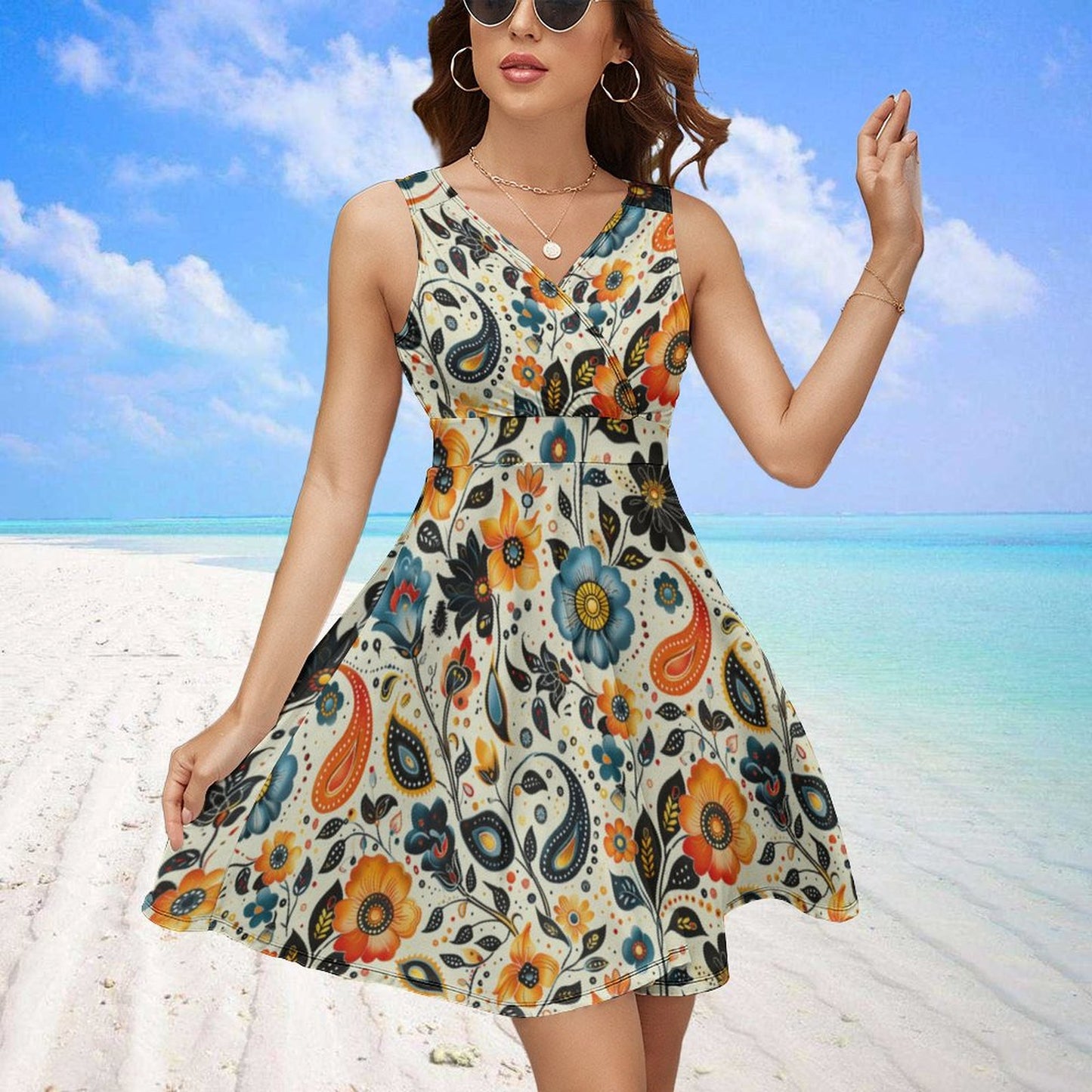 Casual Beach Flowy Mini Sundress for Women in Floral Print.