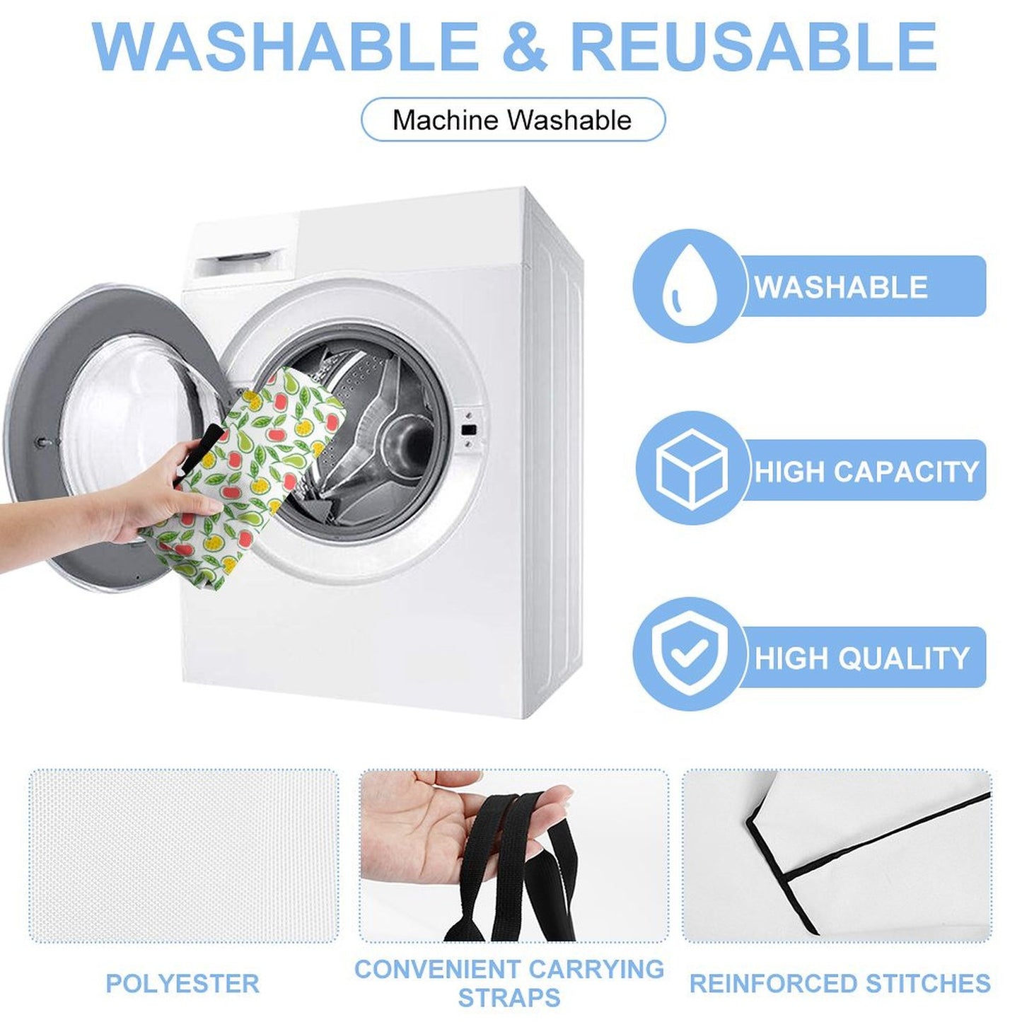 Machine washable reusable polyester tote bag features with reinforced stitches and quality.