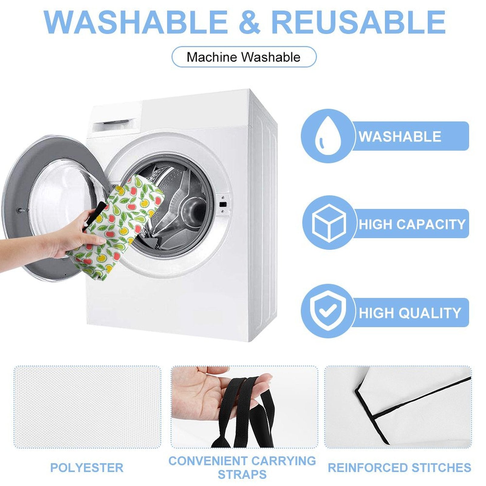 Machine washable reusable polyester tote bag features with reinforced stitches and quality.