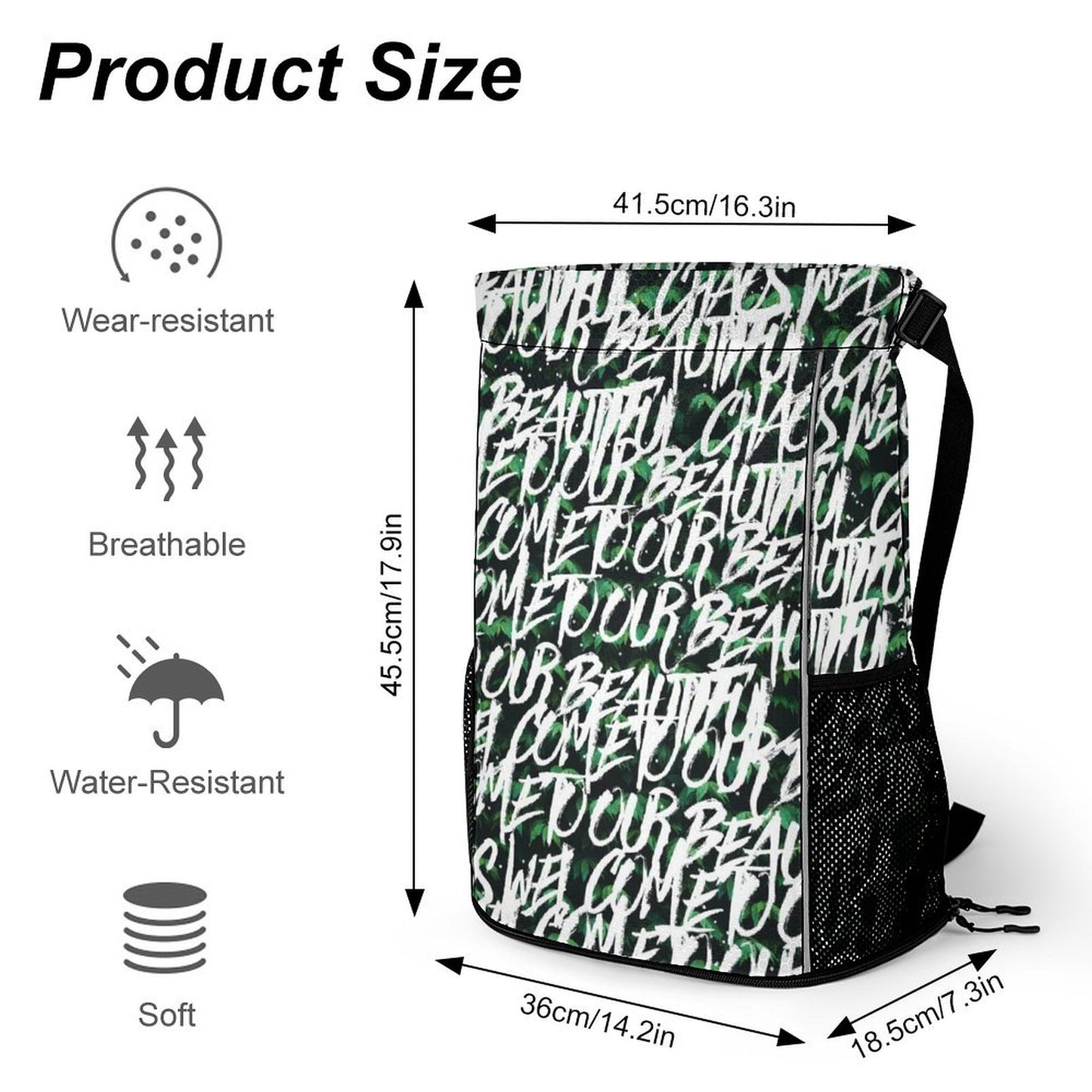 Water Resistant Gym Sackpack size chart and features: Wear-resistant, Soft, Breathable.