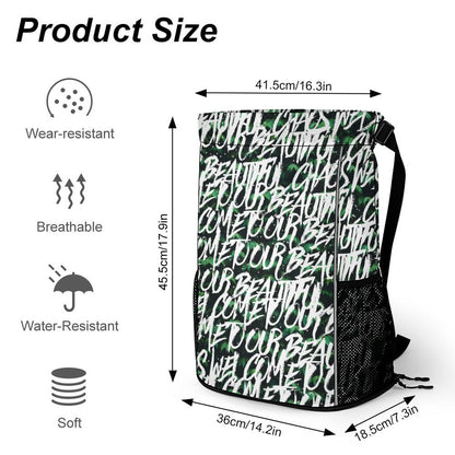 Water Resistant Gym Sackpack size chart and features: Wear-resistant, Soft, Breathable.