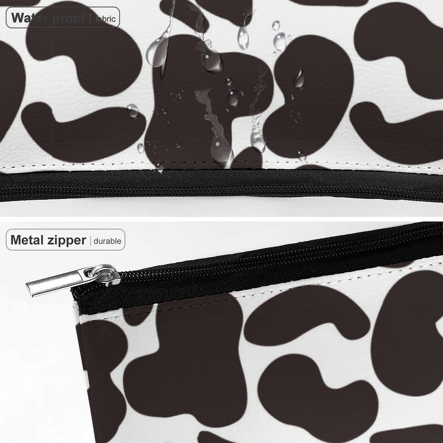 Waterproof Cow Print Makeup Bag showing moisture resistance and droplets on the durable PU leather fabric.