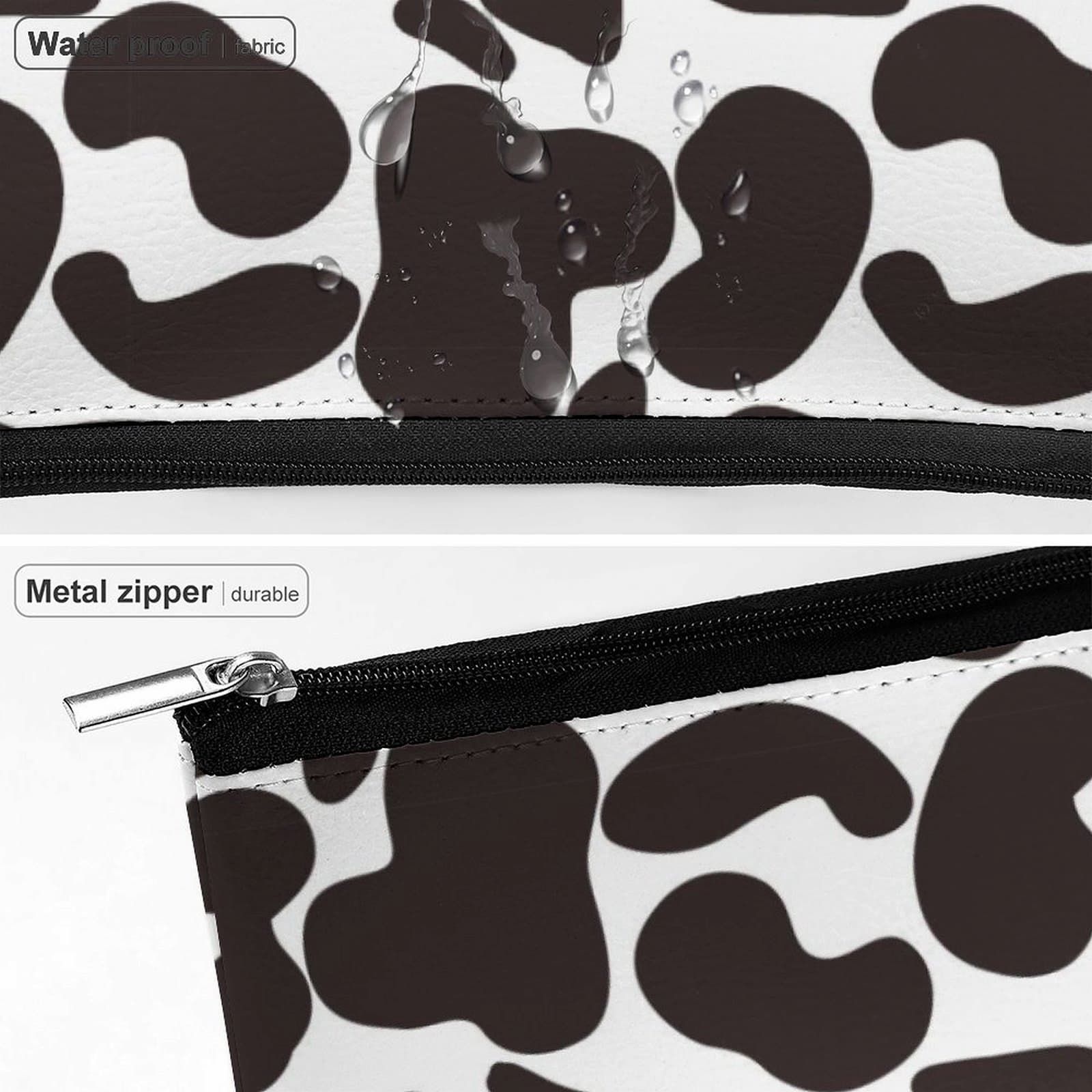 Waterproof Cow Print Makeup Bag showing moisture resistance and droplets on the durable PU leather fabric.
