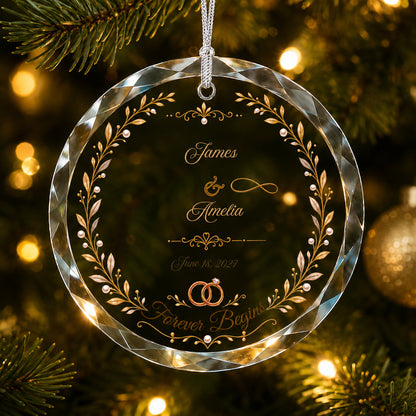 Couple Anniversary / Wedding Design personalized glass ornament Christmas tree display