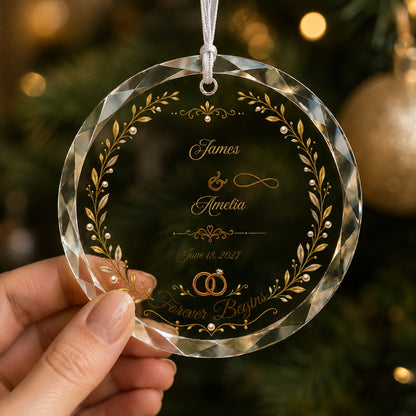 Couple Anniversary / Wedding Design personalized glass ornament in hand scale view