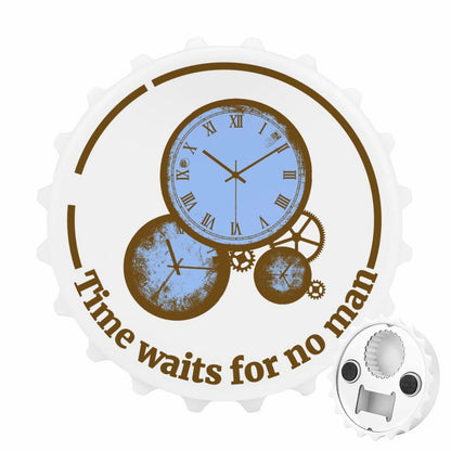 Isolated product shot of the white personalized magnetic fridge bottle opener with the steampunk clock "Time waits for no man" graphic.