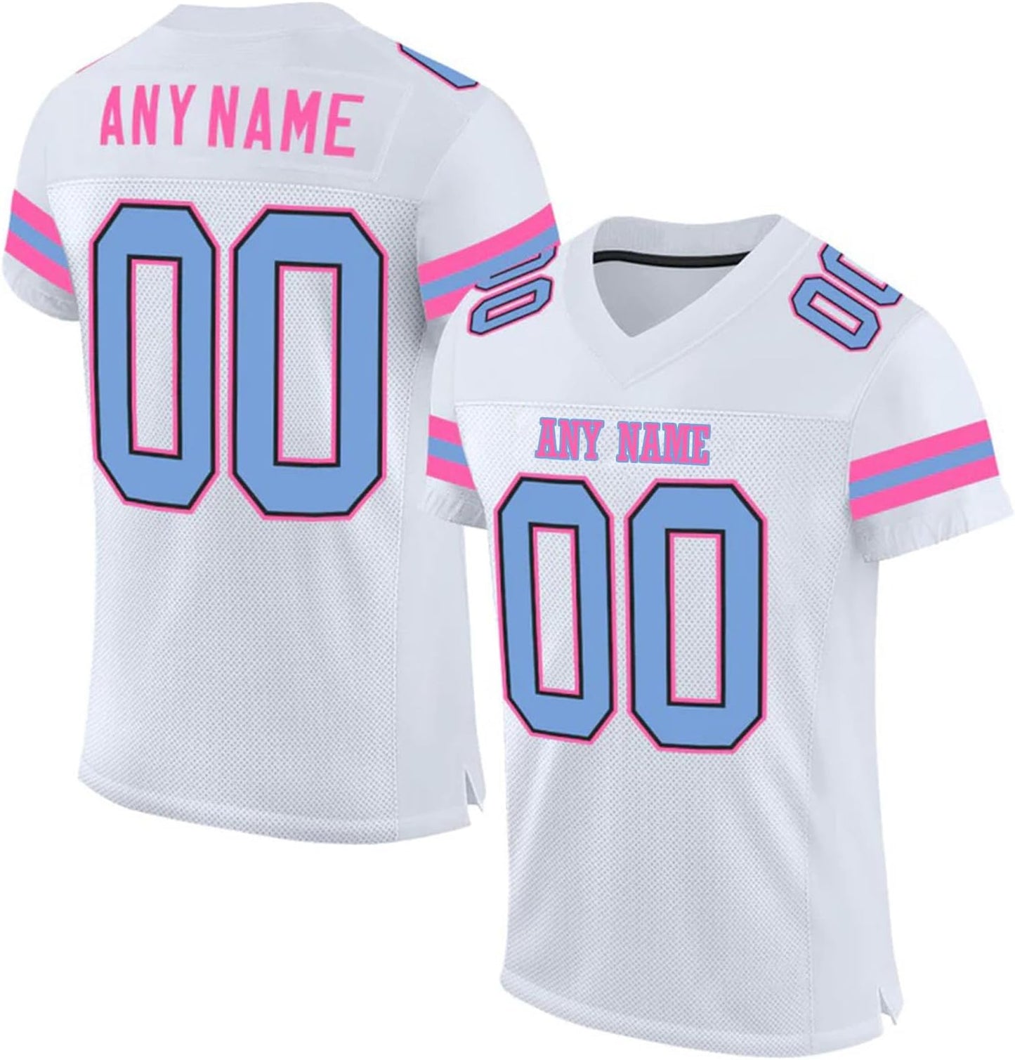 Women's Personalized White Pink Football Jersey fit showing breathable, sports uniform fabric.