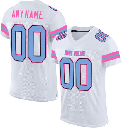 Women's Personalized White Pink Football Jersey fit showing breathable, sports uniform fabric.