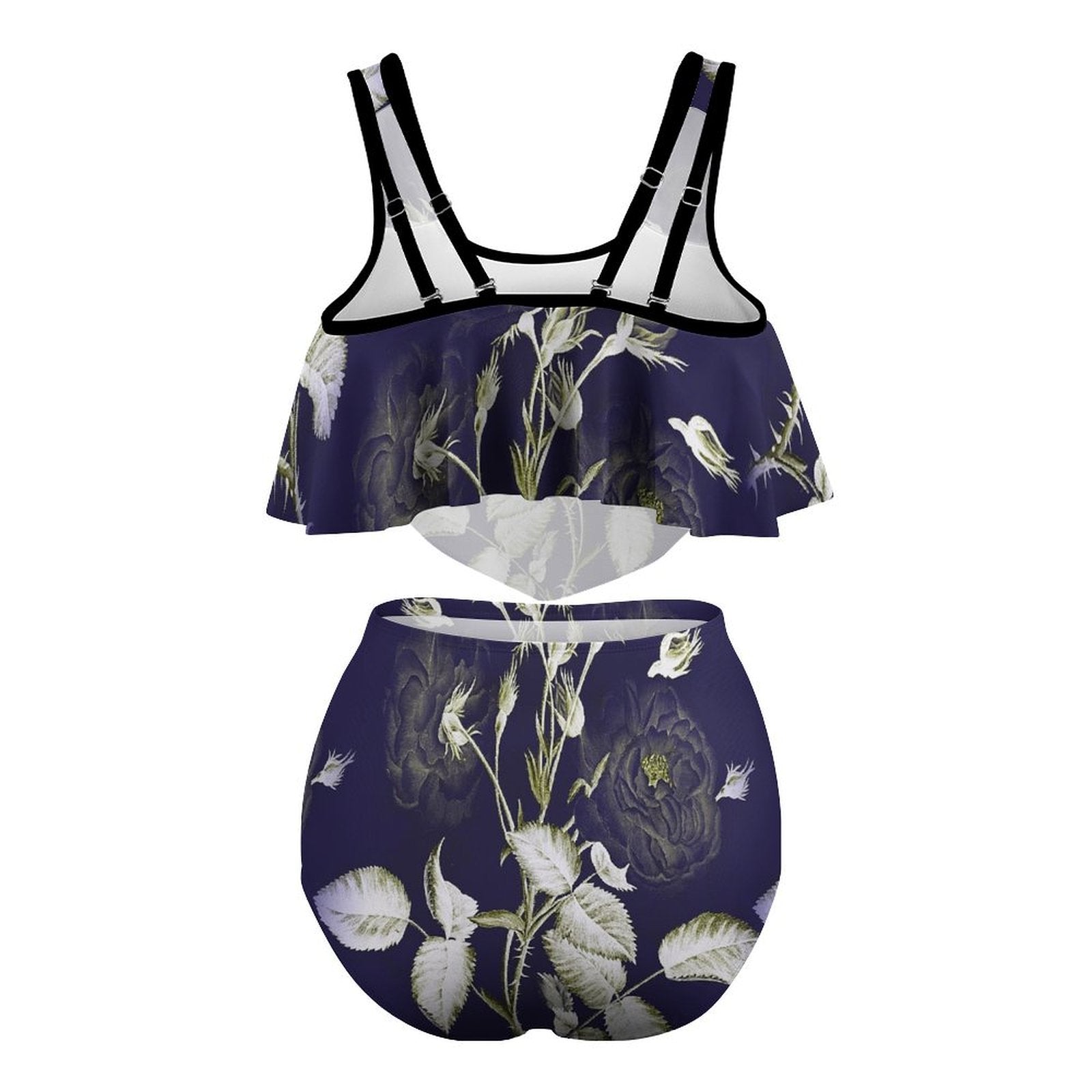 Back view: Wide strap flounce top and high waist tummy control bikini.