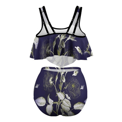 Back view: Wide strap flounce top and high waist tummy control bikini.