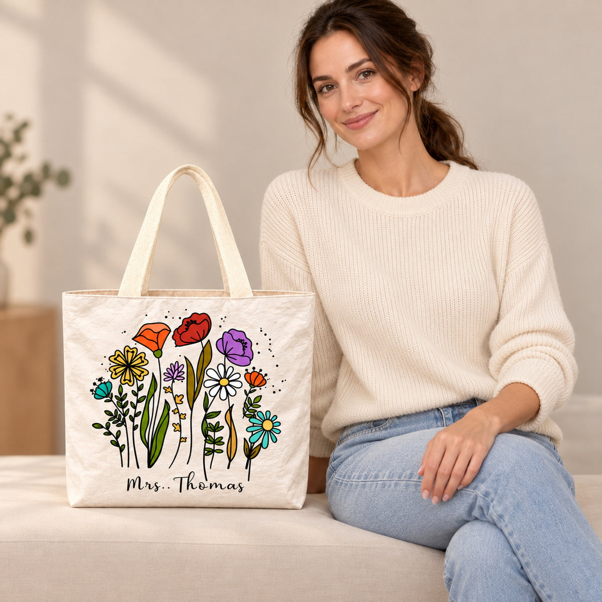 Personalized teacher tote with colorful wildflower artwork and custom name Mrs. Thomas, custom name detail view.