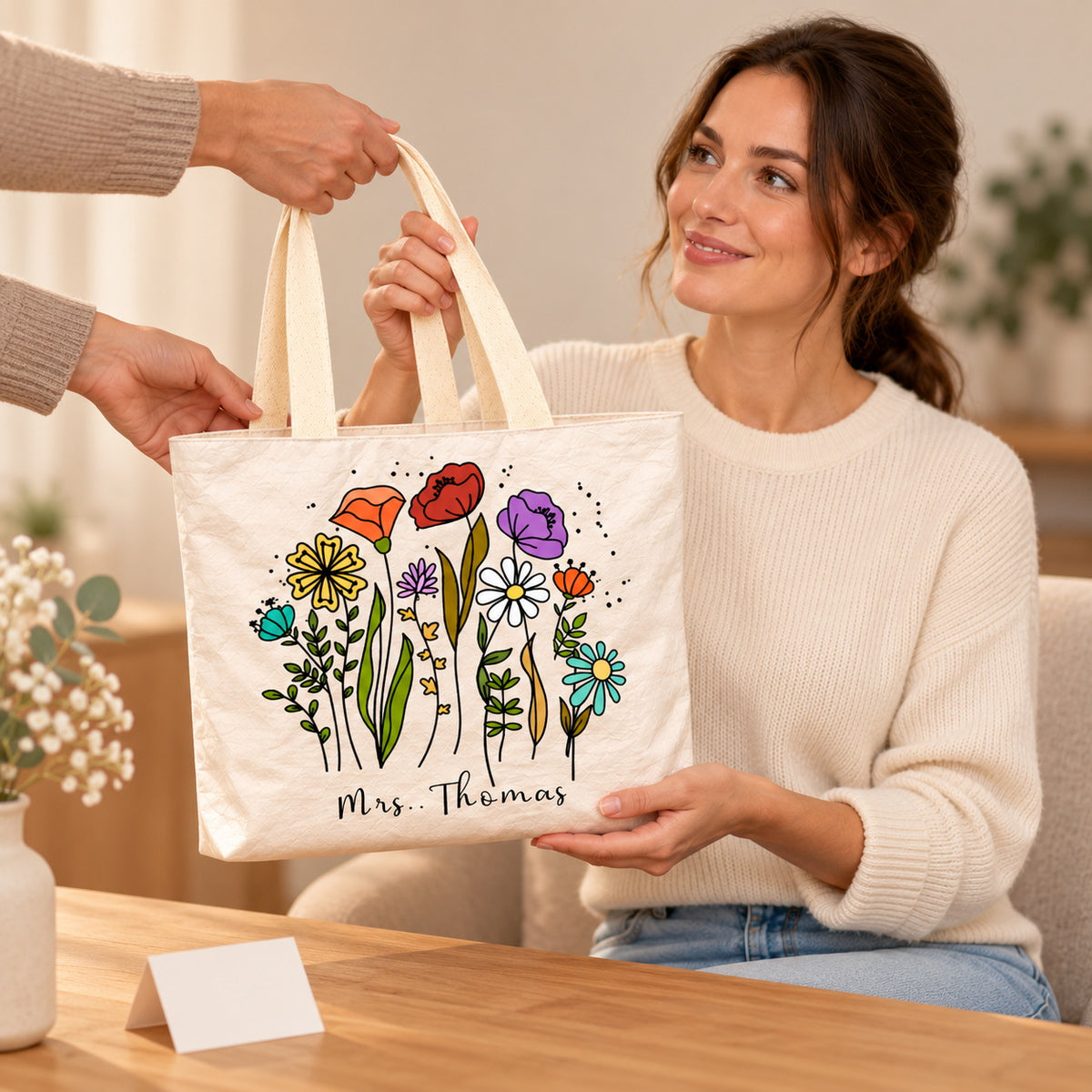 Personalized teacher tote with colorful wildflower artwork and custom name Mrs. Thomas, teacher appreciation gift view.