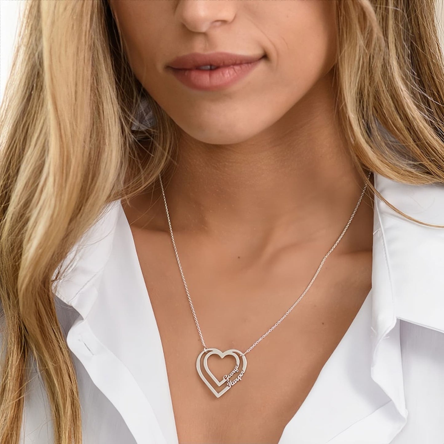 Collier prénom double cœur personnalisé - Argent sterling gravé sur mesure pour maman/épouse