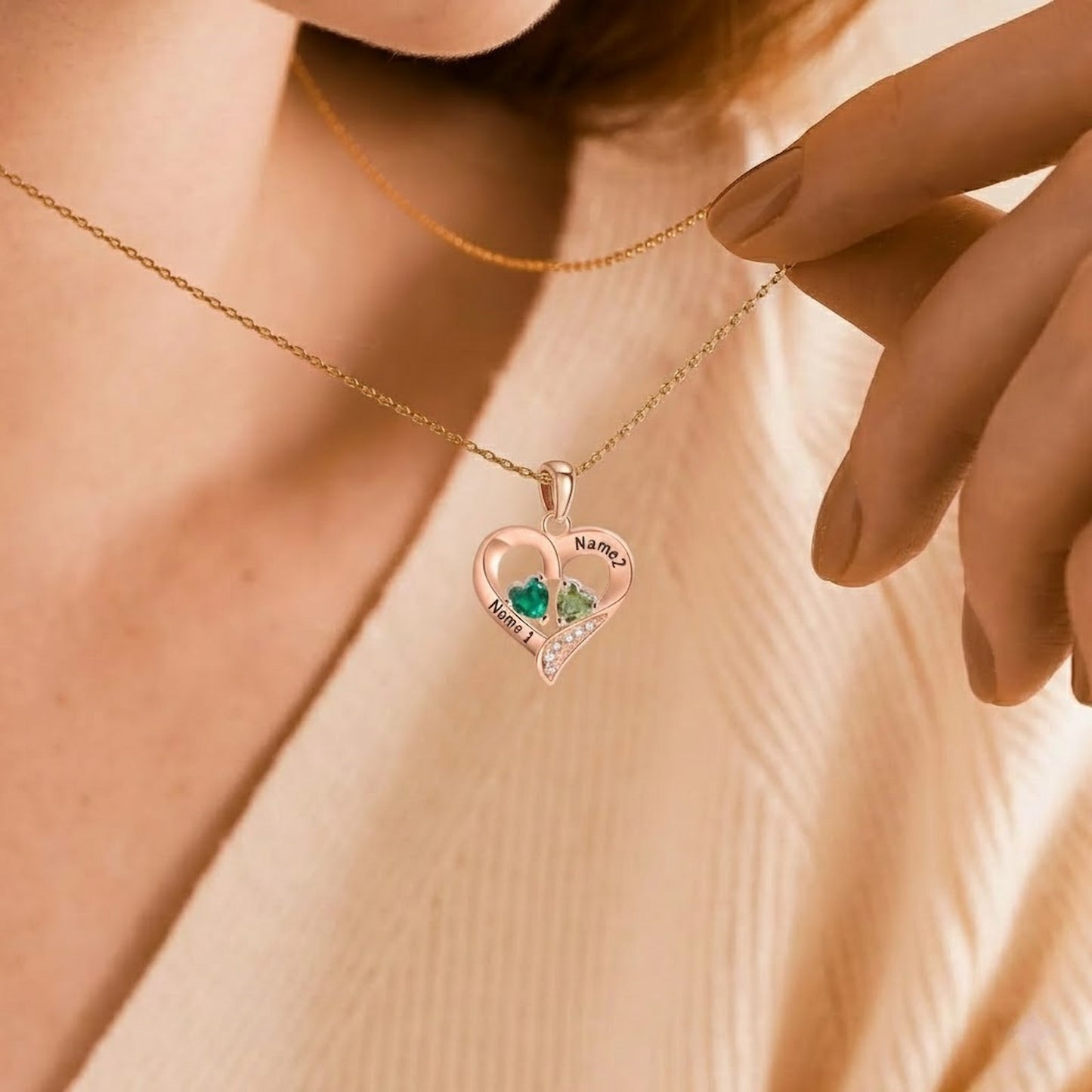 Woman wearing Rose Gold Plated Personalized 2 Names Heart Birthstone Necklace.