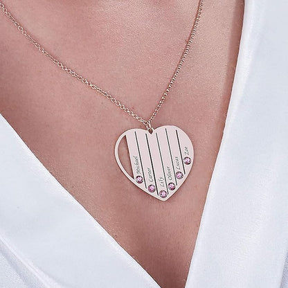 Woman wearing rose gold custom family birthstone necklace with kids names.