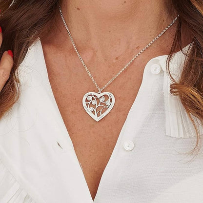 Woman wearing gold personalized family tree birthstone necklace with custom names.