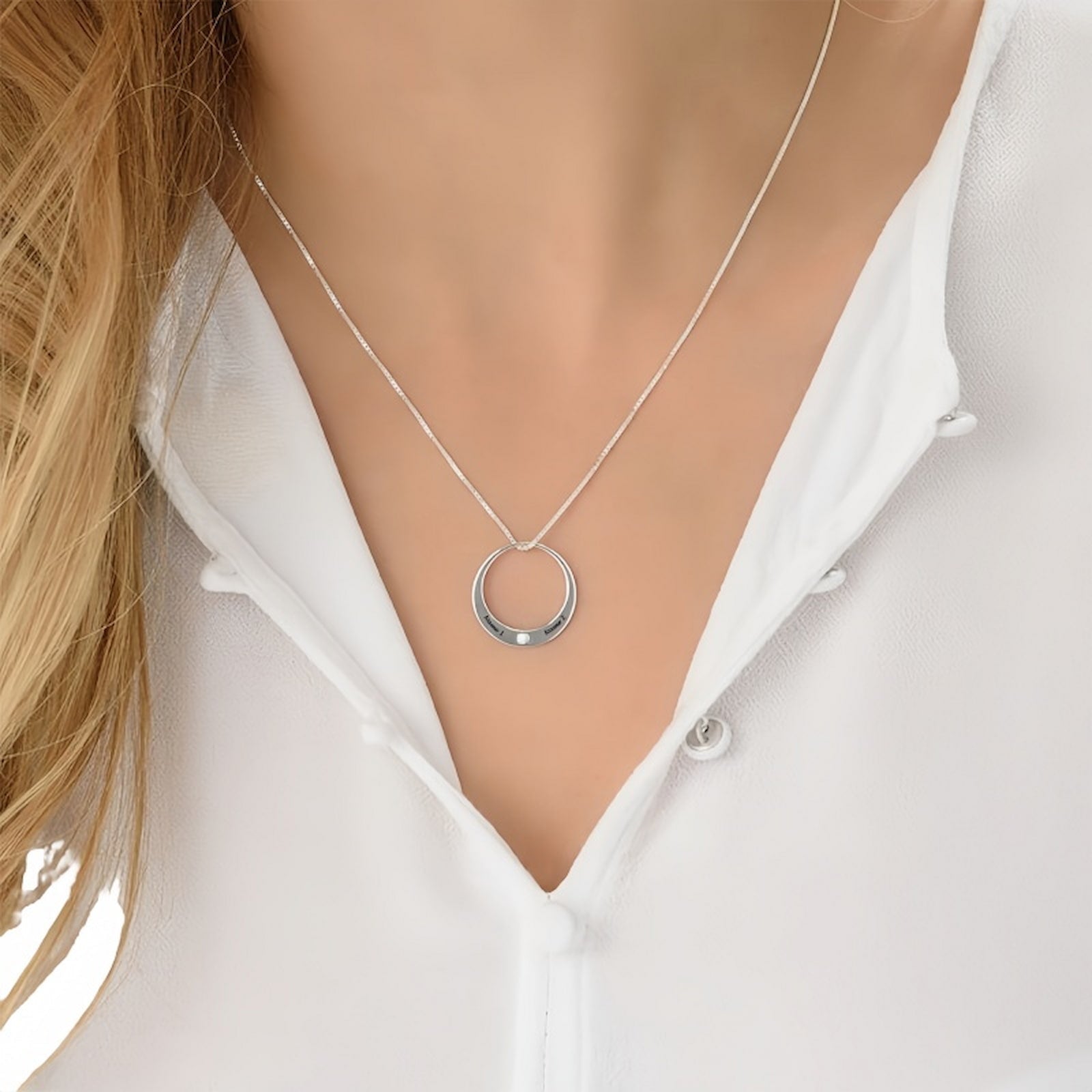 Woman wearing Sterling Silver Personalized Circle Necklace. Ideal for gifts.