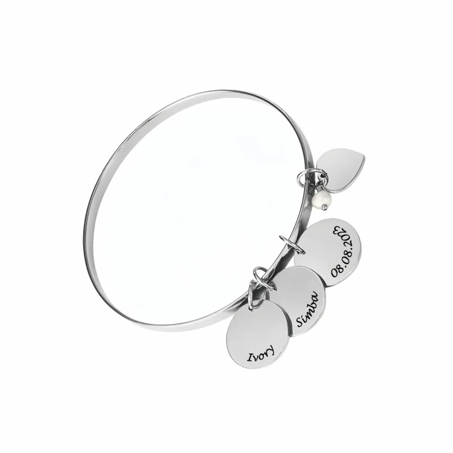 s925 sterling silver bangle bracelet with multiple personalized engraved circular charms and a small pearl accent