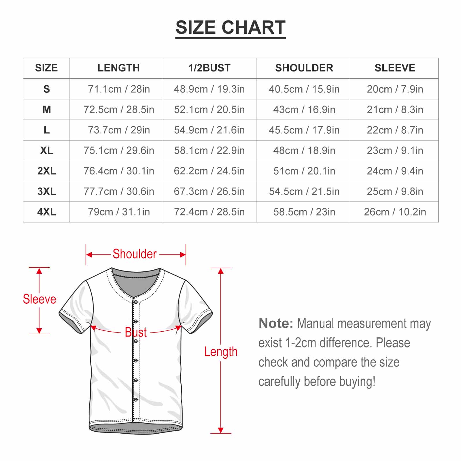 women's Baseball Jersey Uniform size chart showing measurements from S to 4XL.