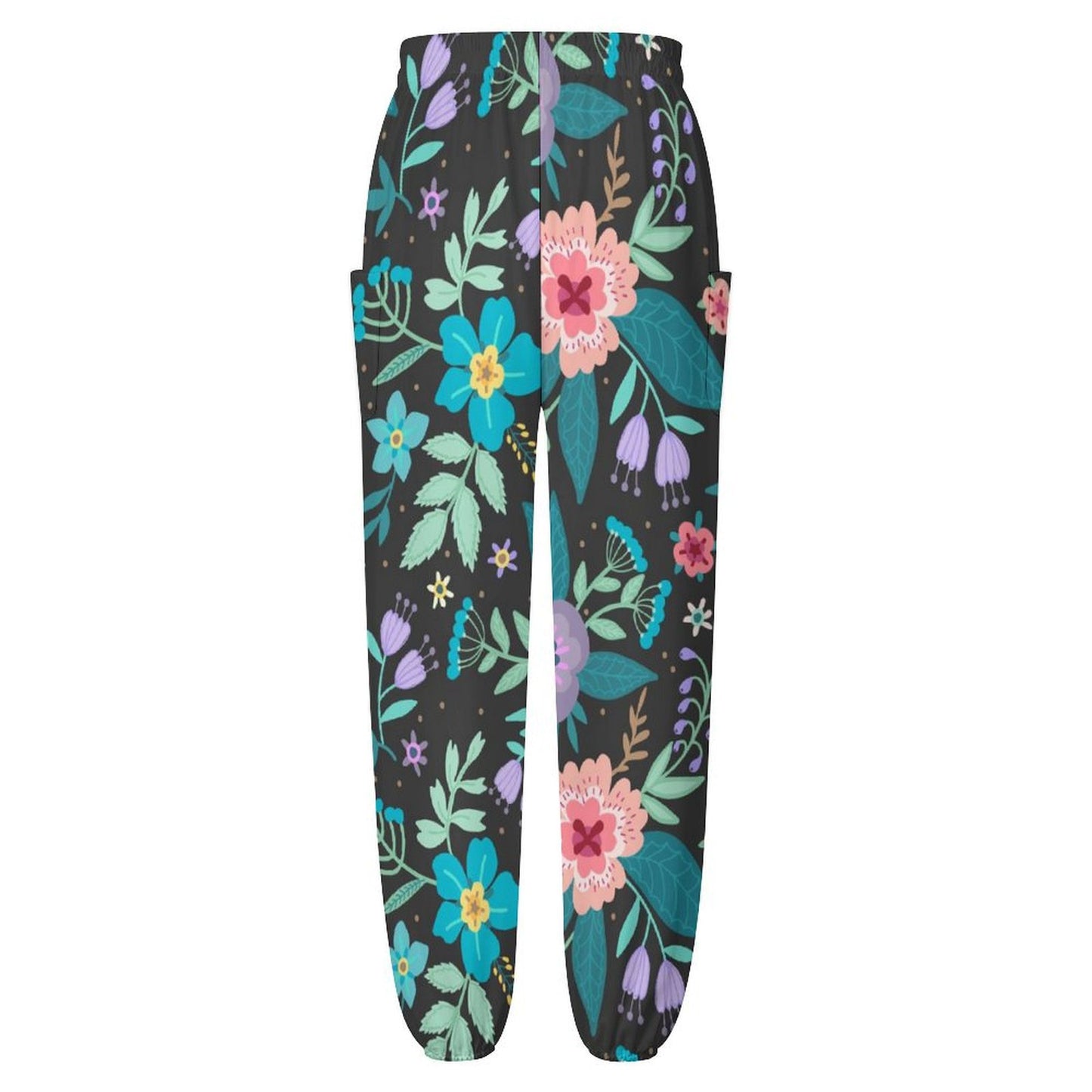 Women's harem yoga pants custom boho floral flat lay back pockets view.