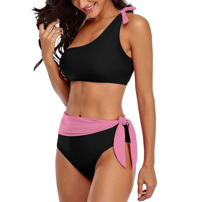 Women's high waisted one shoulder bikini set with pink tie detail.