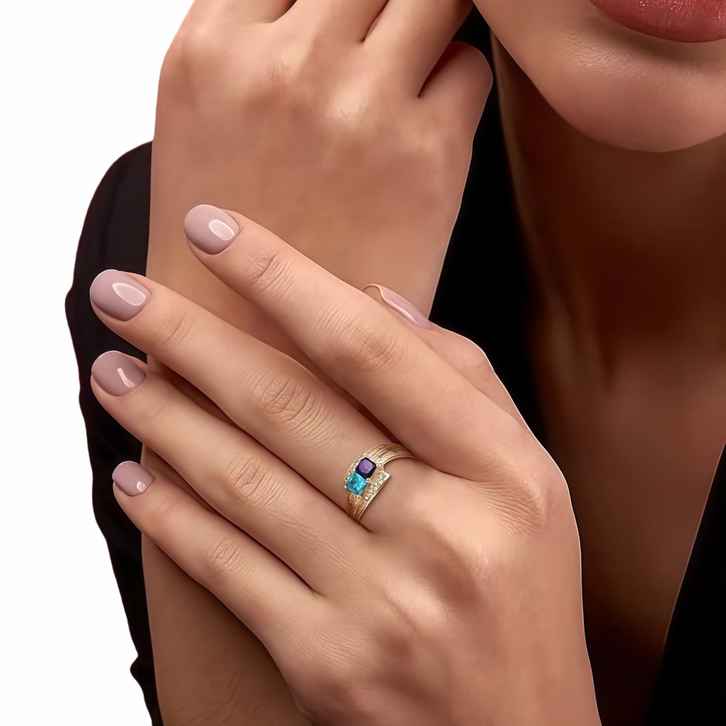 Personalized Name Ring for Women, Birthstones, Gold-Plated, Worn on Hand.