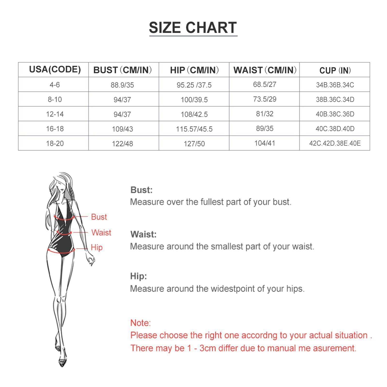 Two piece swimsuits size chart for women; bust, hip, waist, cup measurements.