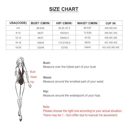 Two piece swimsuits size chart for women; bust, hip, waist, cup measurements.