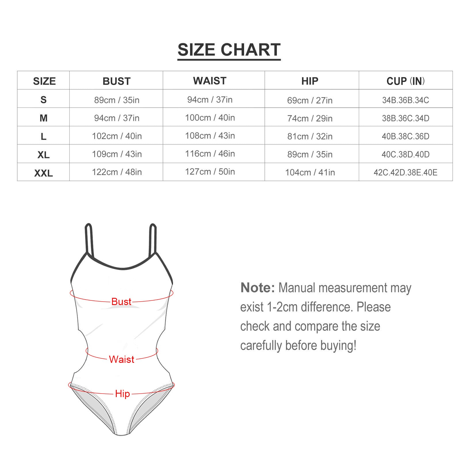 Women swimsuit size chart for bust, waist, hip, and cup measurements.