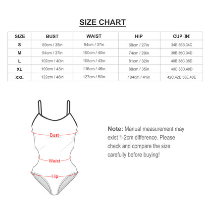 Women swimsuit size chart for bust, waist, hip, and cup measurements.