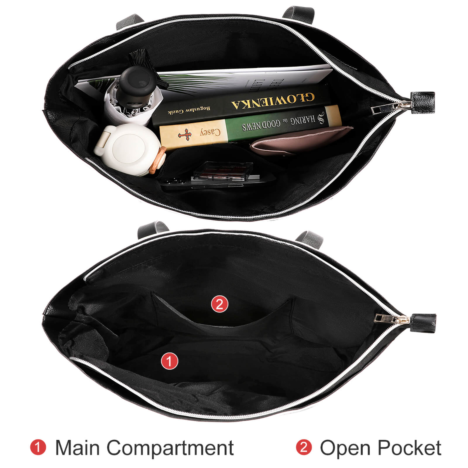 Interior of women tote bag: main compartment and open pocket organization.