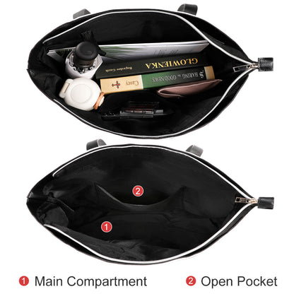 Interior of women tote bag: main compartment and open pocket organization.