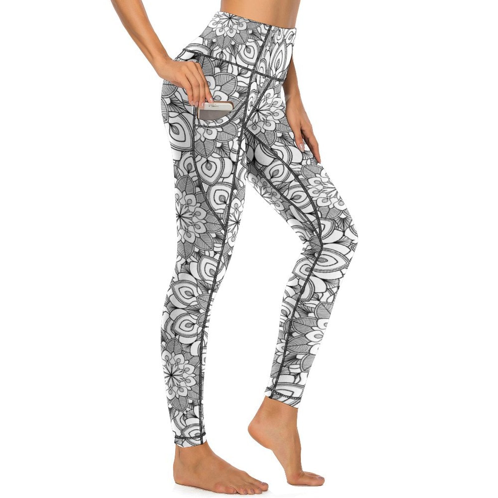 Side view of printed High Waisted Tummy Control Leggings showing phone pocket feature.