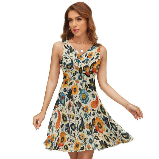 Women V Neck Floral Sundress Casual Flowy Mini Dress - Front View.