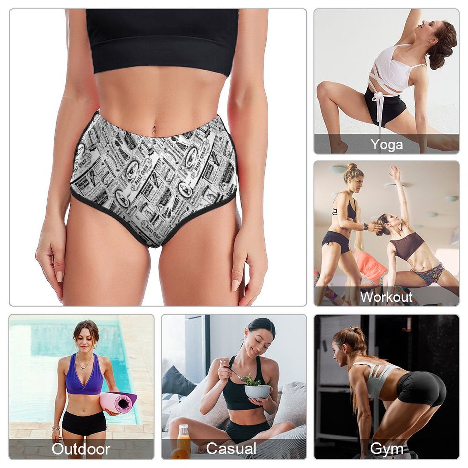 Personalized Print Shorts: Yoga, Running, Workout, Fitness, Outdoor, and Casual uses.